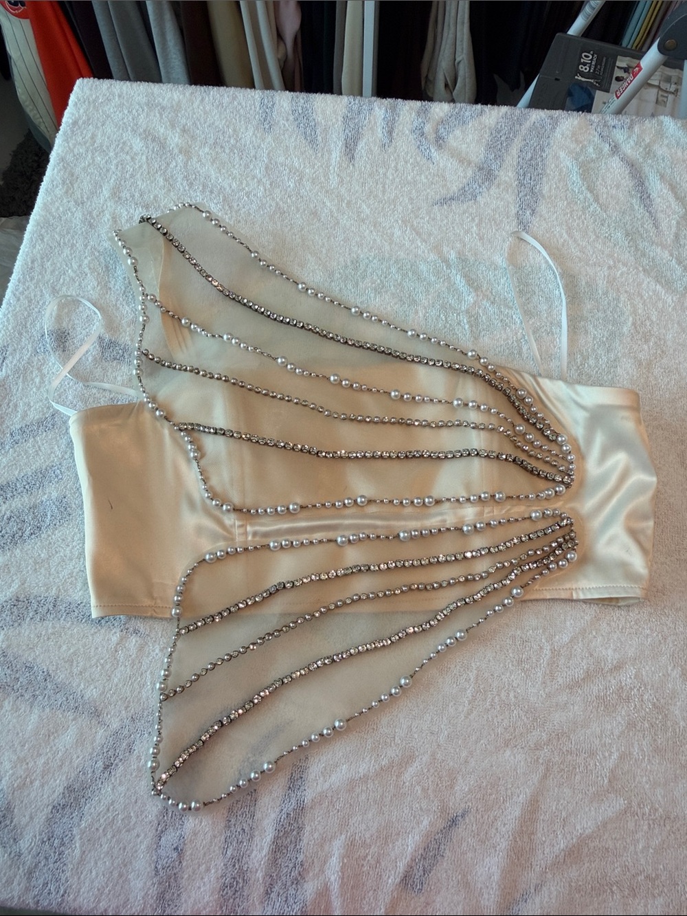 Oh Polly Beige Pearl-Embellished Satin Bustier Top
